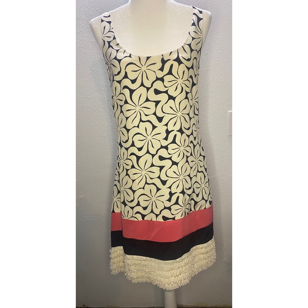 Christopher Deane‎ Silk Shift Dress Women 8 Cream Black Floral Ruffle